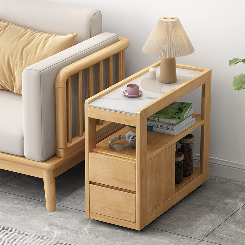 Mobile Solid Wood Sofa Side Table with Wheels